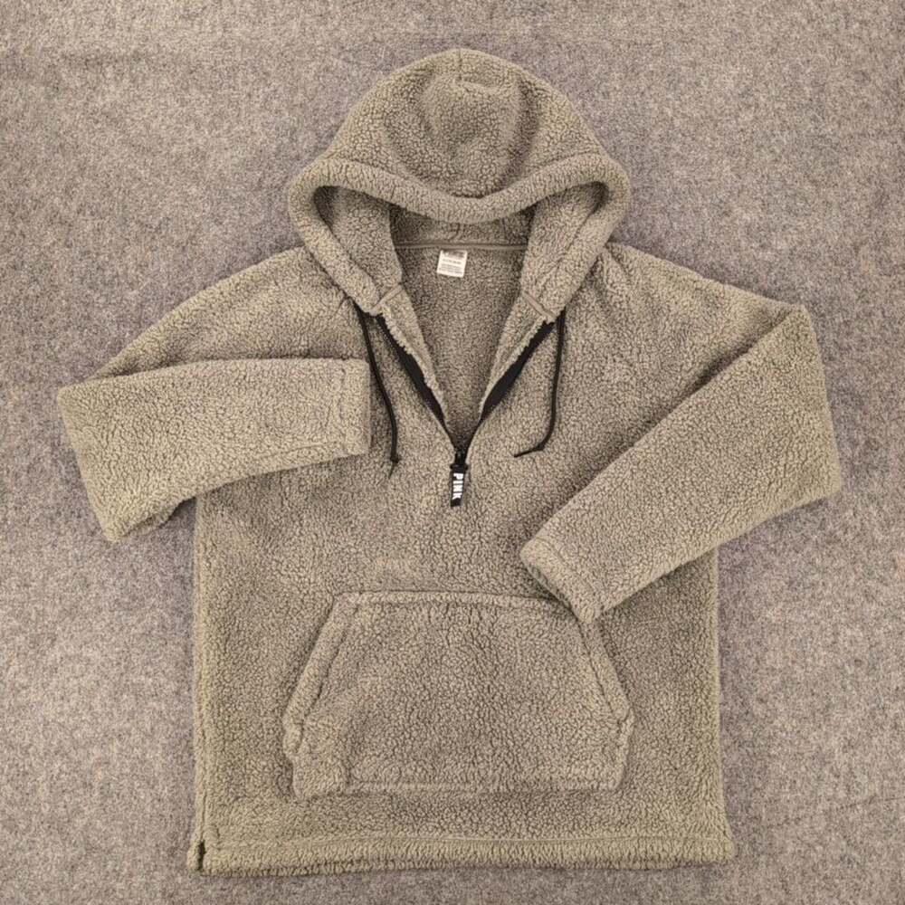 Victoria's Secret PINK Hoodie Womens Small Gray Sherpa Fleece 1/4 Zip Pullover
